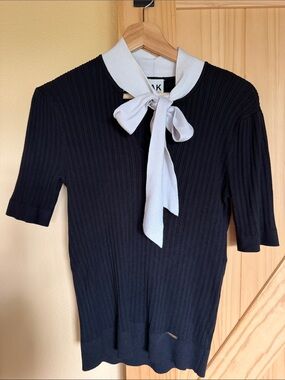 Anne Klein Navy Ribbed Knit Top with White Tie Neck Bow
